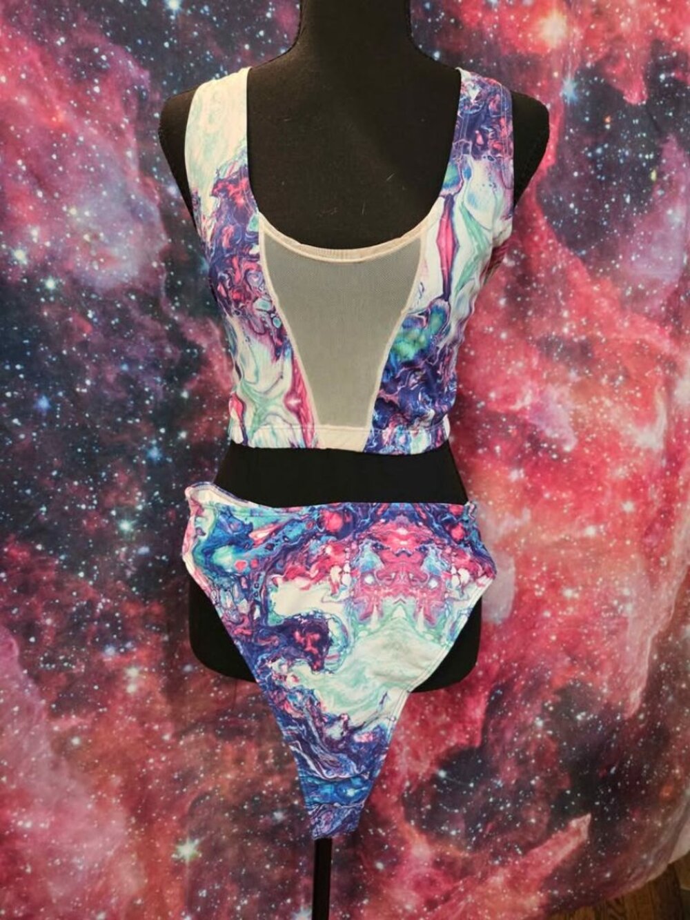 2 Piece Bikini Festival Rave Set Psychedelic Acid Mesh High Waisted XL